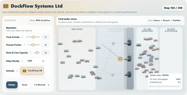 DockFlow Systems — Yard & Dock Stability Simulation (Yard Congestion Under Peak Arrivals)