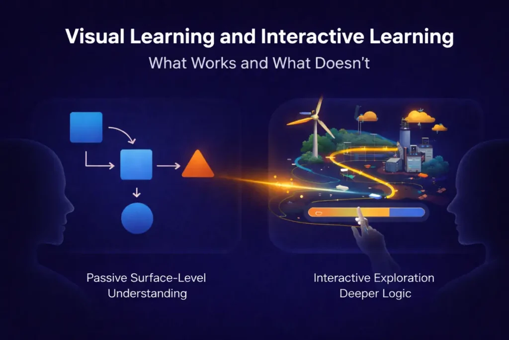 Visual comparison of passive learning versus interactive learning, showing simple static diagrams on one side and a dynamic, orange-accented simulation on the other.