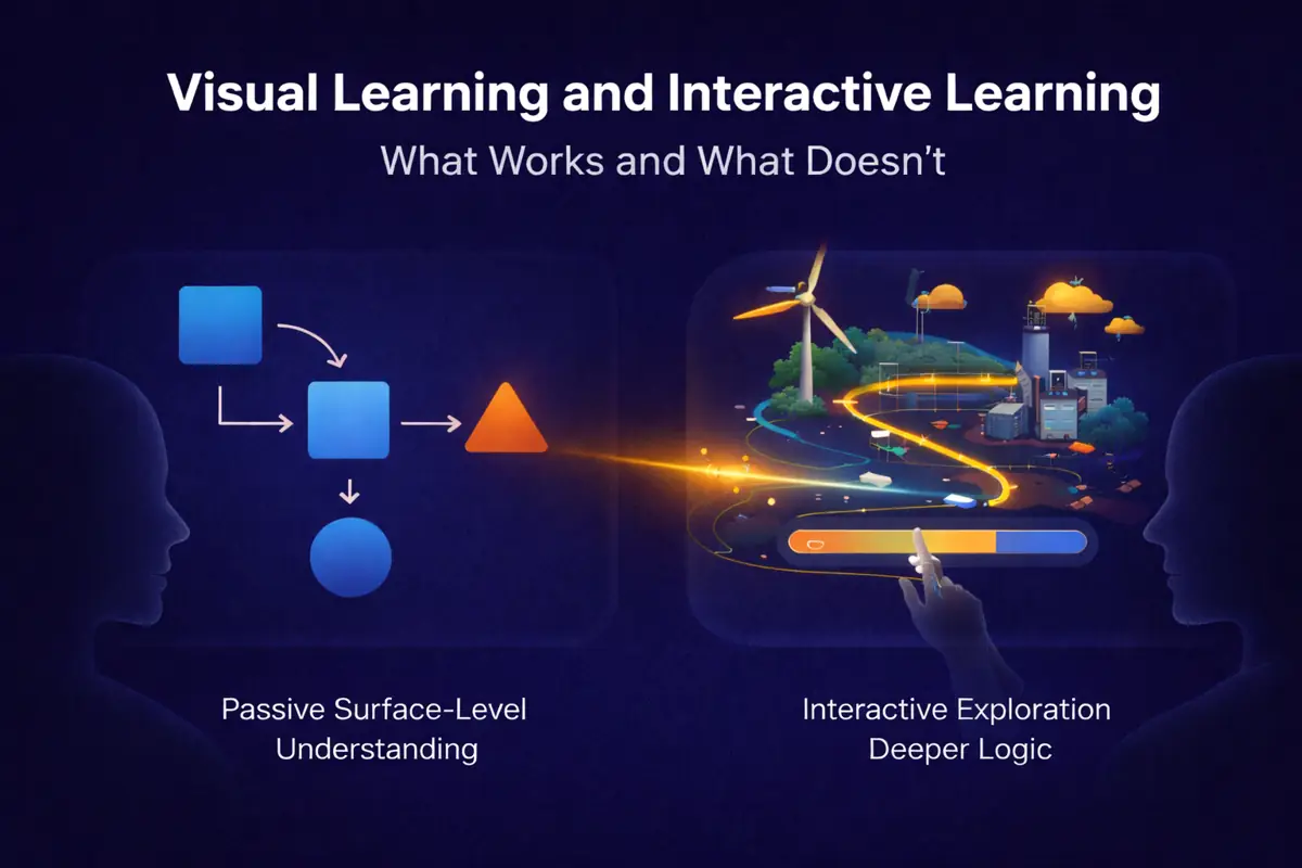 Visual comparison of passive learning versus interactive learning, showing simple static diagrams on one side and a dynamic, orange-accented simulation on the other.