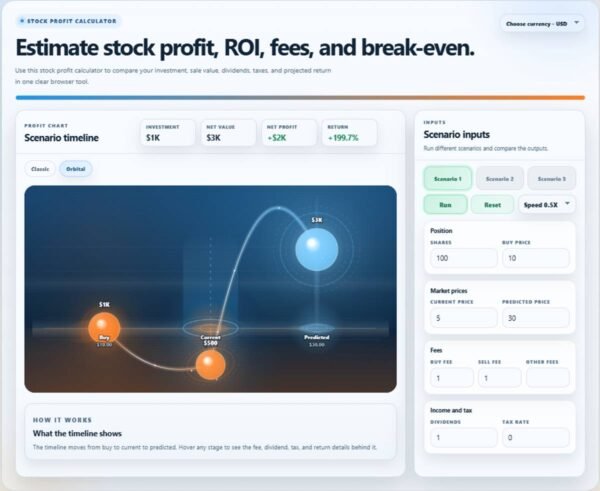 Stock Profit Calculator showing investment, net value, net profit, ROI, and scenario timeline