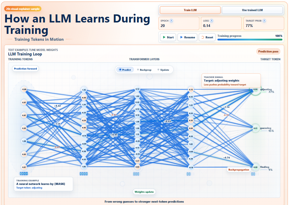 Visual explainer showing how an LLM learns during training and how a trained LLM generates a reply using tokens, transformer layers, weights, attention, loss, and next-token prediction.
